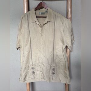 Cubavera Linen Blend Shirt Men XL Beige Embroidered Short Sleeve Guayabera